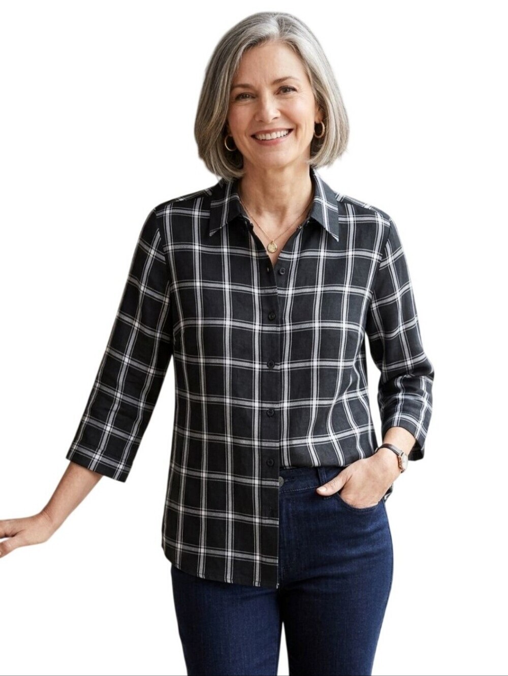 Talbots Vintage Black Plaid Irish Linen 3/4 Sleeve Button Down Blouse Size M